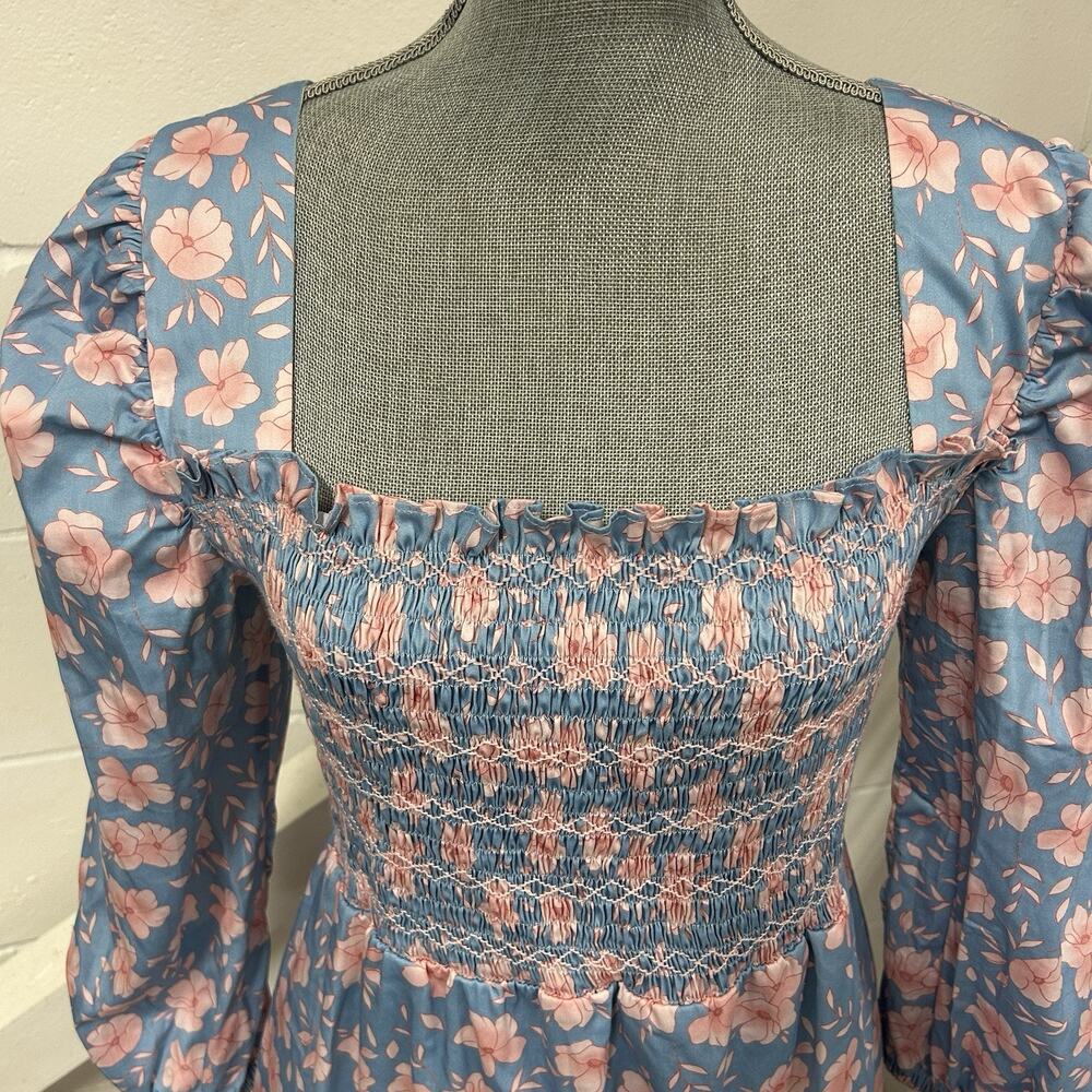 Dondolo Blue Pink Floral Smocked Scallop Hem Midi Dress Woman’s Size Large - Picture 2 of 11